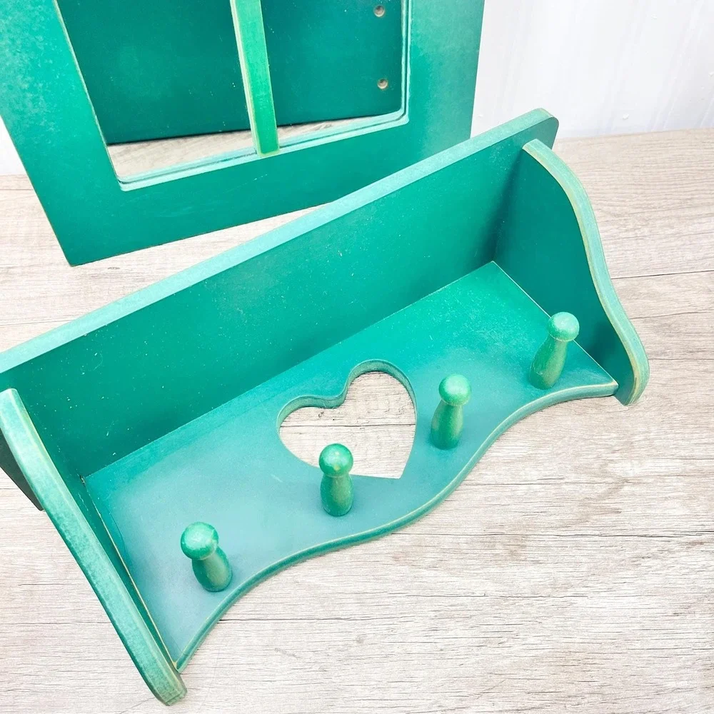 Green Wooden Heart Shelf and Mirror Set - Vintage Cottagecore Decor